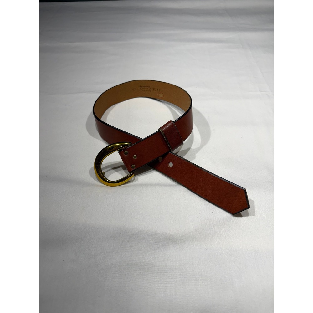 Custom Roger Van S. Cognac Brown Leather Belt Gold Horseshoe Buckle Vintage y2k